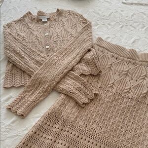 House of Harlow 1960 Crocheted Beige Cardigan and Skirt Set